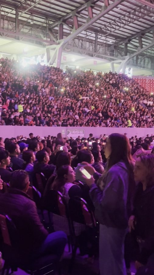 Escenario iluminado en rosa con la banda proyectada en la pantalla gigante