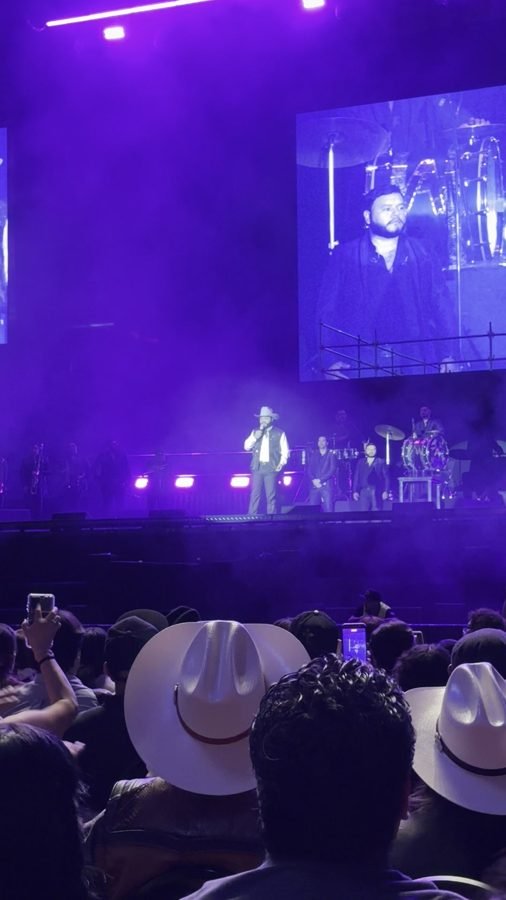 Público con sombreros blancos en la pista frente al escenario en luz morada