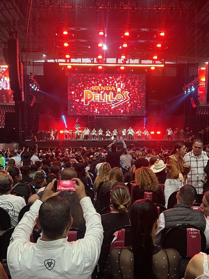 Banda Pelillos en el escenario con luces rojas y el Foro lleno frente a ellos