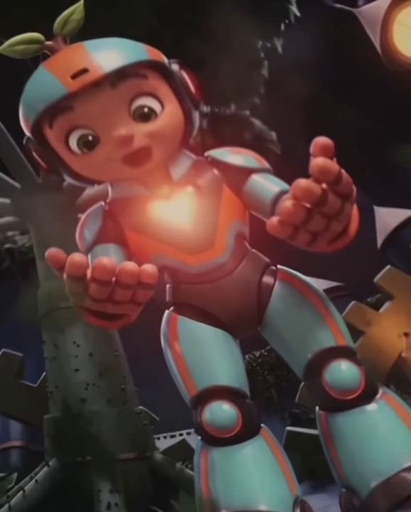 IAm, robot de casco azul, mira el corazón luminoso de su pecho