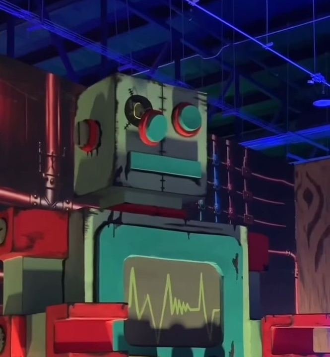 Robot gigante de cartón con una pantalla de latidos en el pecho