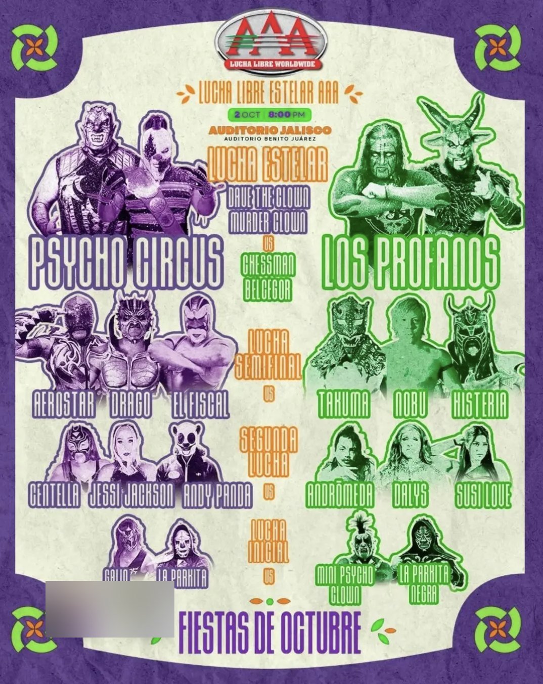 Cartel oficial de Lucha Libre Estelar AAA en las Fiestas de Octubre, 2 de octubre a las 8:00 pm en el Auditorio Jalisco: Psycho Circus contra Los Profanos